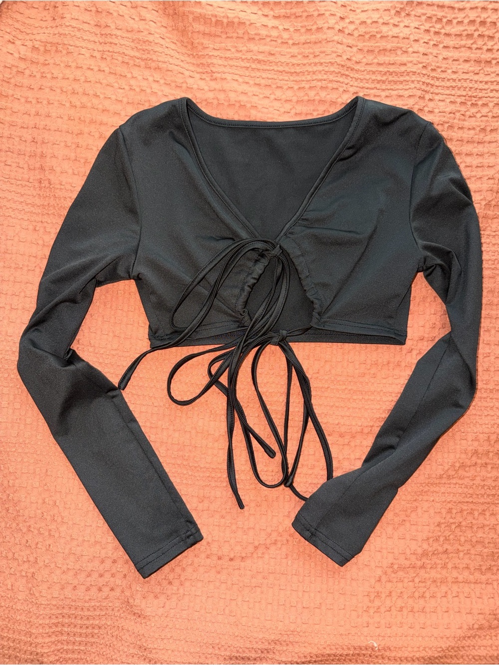 SHEIN Black Long-Sleeve Ruched Tie-Front Crop Top